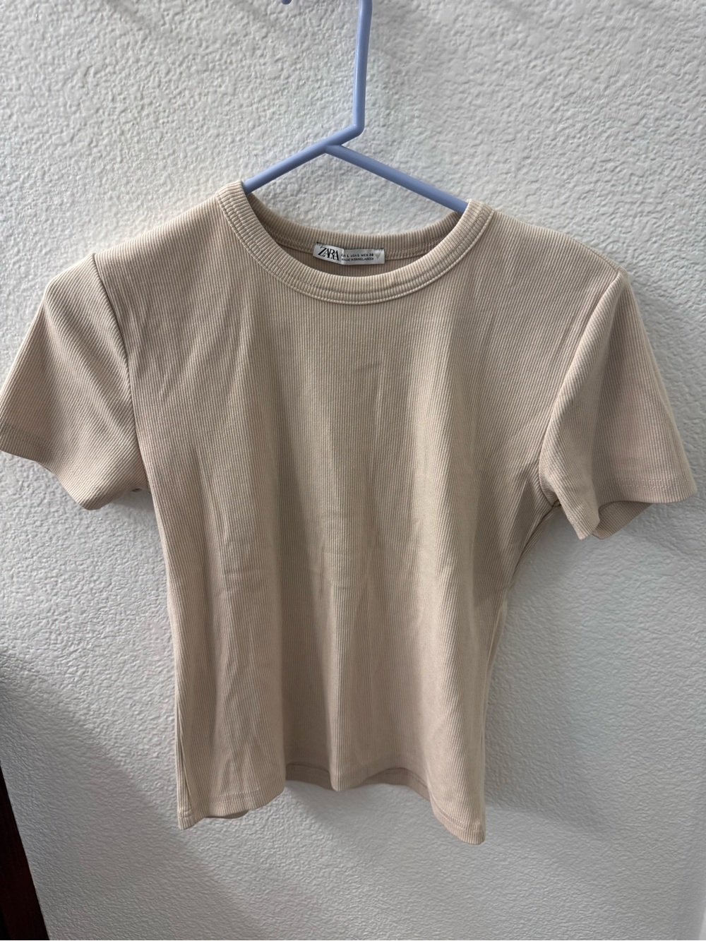 Zara Short Sleeve Ribbed Crewneck Top in Beige
